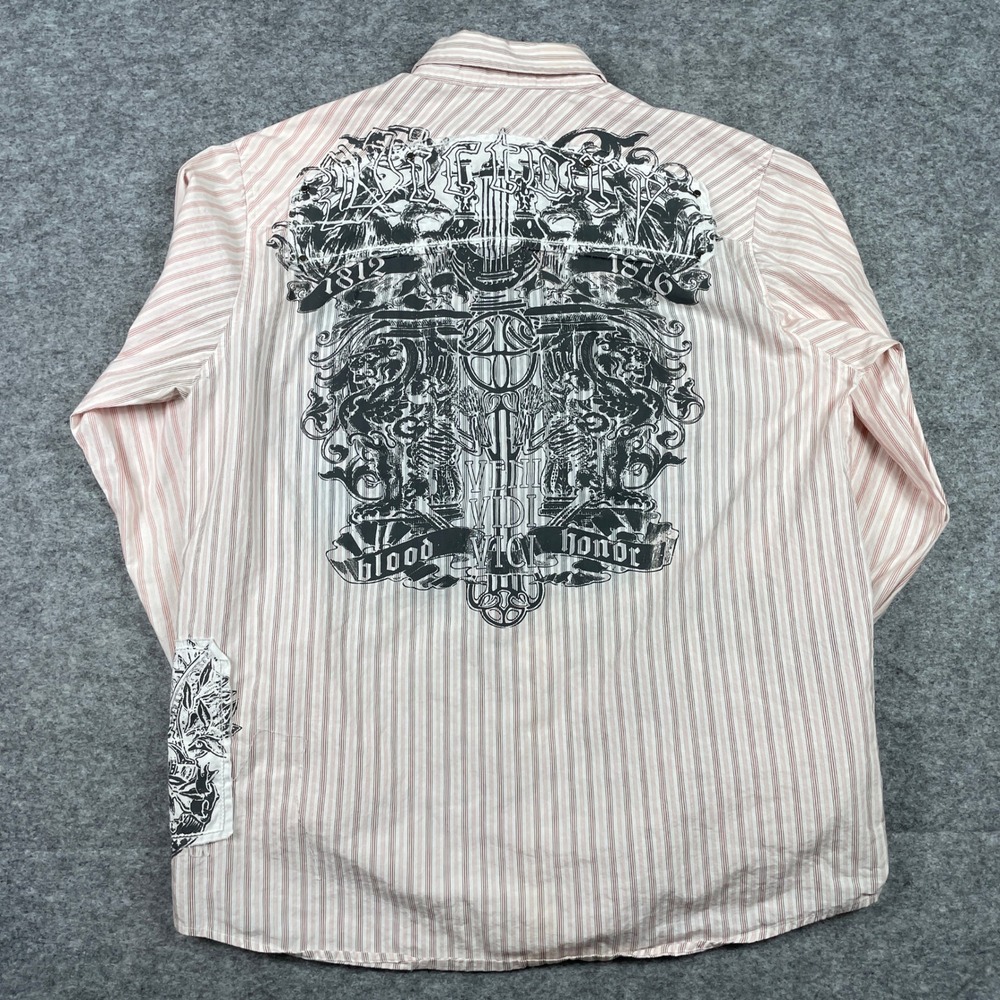 Retrofit Y2K Shirt Mens M Red White Striped Gothic Veni Vidi Vici Long Sleeve